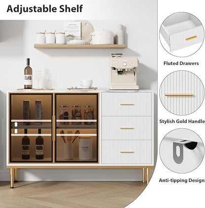 Buffet Sideboard Cabinet with Storage, 46.4" Large Fluted Kitchen Sideboard Cabinet with 2 Glass Doors 3 Drawers and Shelves, Faux Marble Top Buffet Table for Dining Room, Living Room, White