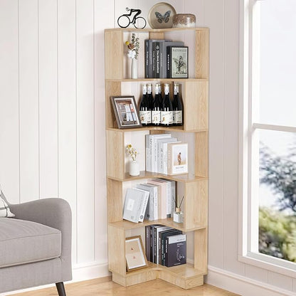 Wooden Corner Bookcase, 5 Tiers Corner Bookshelf 68.9" L-Shaped Storage Display Rack Tall Large Open Bookshelf with Fixture for Living Room Bedroom Study Office