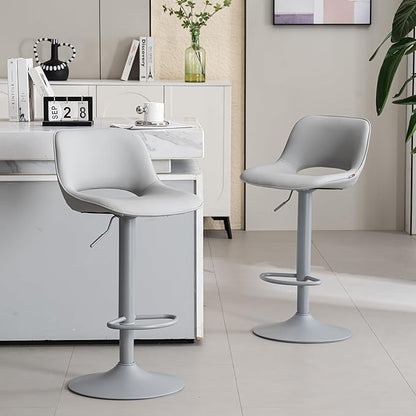 YOUNIKE Bar Stools Set of 2 All Grey Swivel Barstools, Adjustable Counter Height Bar Stools Faux Leather Upholstered Counter Stools with Hollow Back for Kitchen Island