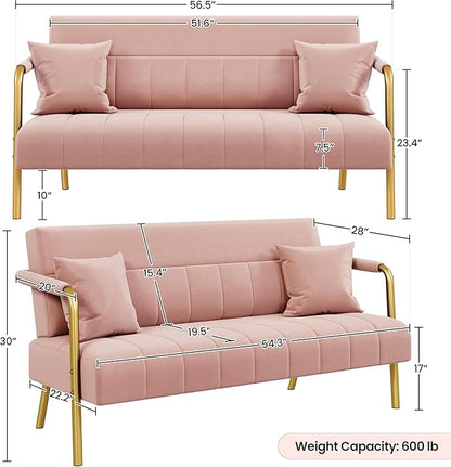 Yaheetech 56.5" W Modern Sofa Small Sofa Luxurious Velvet Fabric Couch with Gold-Tone Metal Arms and Legs for Living Room, Home Office, Studio Pink