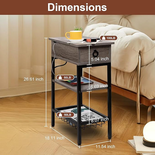 Small Gray Side Table Charging Station for Bedroom, Narrow Grey Living Room End Tables with Storage, Skinny USB Nightstand with Outlet, Gaming Coffee Table for Couch with USB Ports