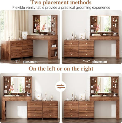 Large Makeup Vanity Desk with Mirror and Lights, Vanity Desk with 8 Drawers & Storage Shelves, Vanity Table with Power Outlet, 3 Color Modes & Adjustable Brightness Dressing Table, Bedroom,Walnut