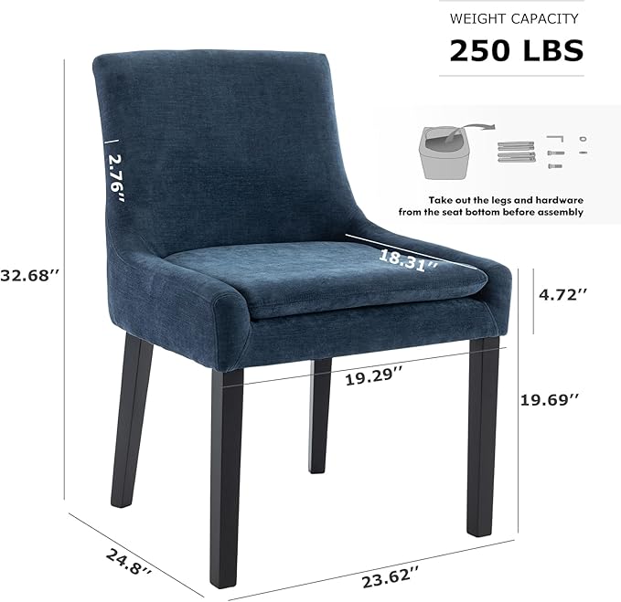 COLAMY Modern Dining Chairs Set of 2, Upholstered Corduroy Accent Side Leisure Chairs with Mid Back and Wood Legs for Living Room/Dining Room-Blue