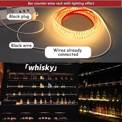 71in Wall-Mounted Metal Wine Rack with LED Lights 3-Tier Floating Bar Shelves with Wine Glass Rack Large Wine Bottle Display Rack Hanging Shelf, for Home Bar Dining Room Decorative (black, 180cm/71in)