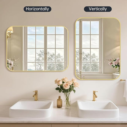 30x40 Inch Bathroom Mirror for Wall,Gold Framed Rectangle Mirror with Rounded Corner,Aluminum Alloy Framed Brushed Wall Mirror for Bedroom or Living Room,Vertical or Horizontal