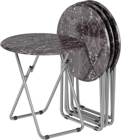 Folding Round TV Tray Table Set of 4, TV Dinner Table with Sturdy MDF Top, Eating Trays for Living Room with No Assembly Required, 17.5 x 17.5 x 26 in (Black Marble, 4Pcs)