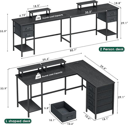 59 inch L Shaped Computer Desk with Power Outlets, Home Office Desk with 4 Adjustable Storage Drawers & 2 Monitor Stands, Two Person Gaming Table for Bedroom, Black