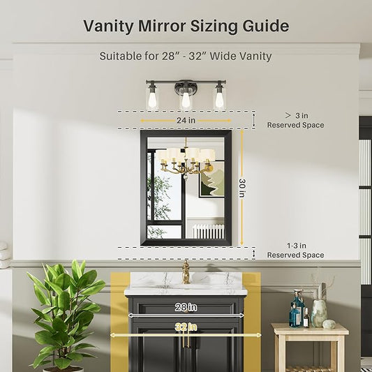 24x30 Inch Black Bathroom Mirror for Wall, Thick Metal Framed Rectangle Mirrors for Over Sink, Bedroom, Living Room, Entryway, Anti-Rust, HD Tempered Glass