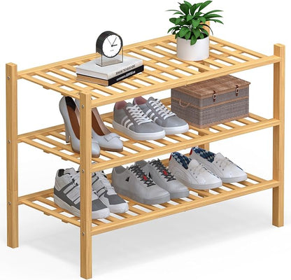 Haddockway Large 3 Tier Bamboo Shoe Rack Storage Organizer,Multifunctional Free Standing Stackable Shoe Shelf with Grid Panel for Closet,Hallway,Entryway,Small Space 27"x12"x21"(Natural, 3-Tier Large)