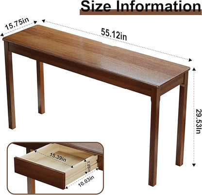 Solid Wood Desk with Drawers - 55 x 16 Inch Vintage Narrow Desks, Mid Century Modern Desks, Rubber Wood Study Table, Home Office Writing Desk for Bedroom|Small Spaces - Walnut Color