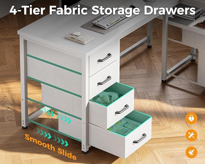 Coleshome L Shaped Computer Desk with 6 Drawers & Power Outlet, 55 Inch Corner Desk with Reversible Storage Shelf & File Drawer, Home Office Desk, White
