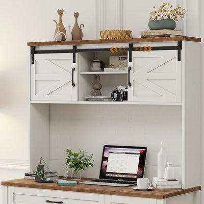Farmhouse 47" Executive Desk, Computer Desk with Drawers and Storage Cabinet, Home Office Desks with Hutch and Charging Station, Workspace for Work & Study (Unique White).