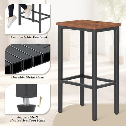 Athena Collection Bar Stools Set of 2, 26 Inches Counter Height Bar Stools Backless with Metal Legs and Footrest, Wood Barstools for Home, Kitchen Island, Counter, Brown