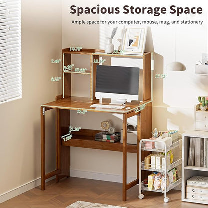 Bamboo Folding Desk with Storage Rack Mid Century Modern Desk for Home Office Bedroom Small Spaces, Brown