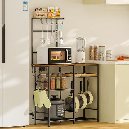 Bakers Rack with Power Outlet, Kitchen Microwave Stand with 10 S-shaped Hooks, 6-Tier Coffee Bar Station, Kitchen Storage Shelf Rack for Spices, Pots, Rustic Brown