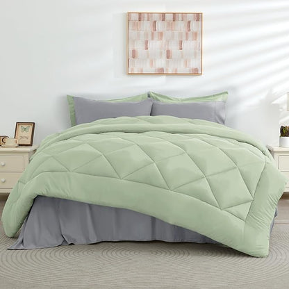 HEVUMYI Twin-XL Comforter Set - 5-Piece All Season Bed in a Bag Twin-XL, Ultra Soft Bedding Set with Comforter, Flat Sheet, Fitted Sheet, Pillowcases, Pillow Shams, Sage Green & Light Grey