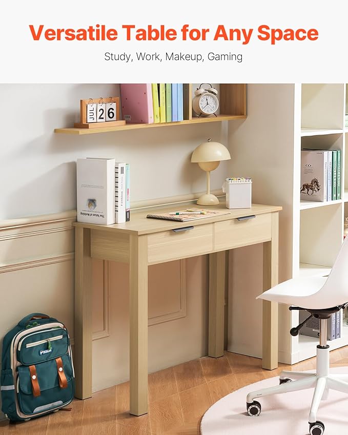 VEVOR Small Desk with Drawers, Wooden Table for Home Office, Small Computer Desk with Storage, Vanity Desk with Drawers, Study Table for Adults/Students for Drawing, Reading, Writing, Light Wood