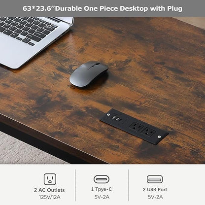 Large Computer Desk - 63 Inch Home Office Desks Study Student Writing Table Gaming Desk Wood Modern Simple Table with USB Ports, Rustic Brown