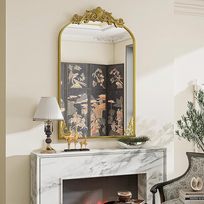 24x36 inch Vintage Arched Bathroom Mirror - Gorgeous Wall Vanity Mirror with Beautiful Retro Top and Bottom Engraving Process Frame for Entryway Hallway Living Room, Gold