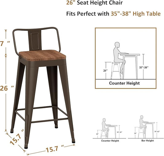 WENTMENT Bar Stools Set of 4 Counter Height Bar Stools Metal Barstools with Removable Back 26" Kitchen Bar Stools with Wooden Seat, Rusty