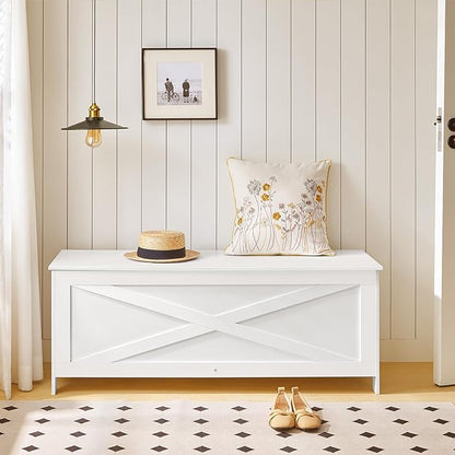 47.2" Toy Chest, Sturdy Entryway Storage Chest with Safety Hinge, Retro Toy Box, Wooden Look Accent Furniture for Living Room, Bedroom, White SCBW48801