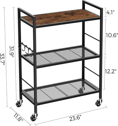 3-Tier Metal Storage Rack with Industrial Wheels,Mesh Shelving Unit with Wooden Table top,Adjustable Shelf,23.6-Inch Width,for Kitchen,Laundry,Pantry,Plant,Black