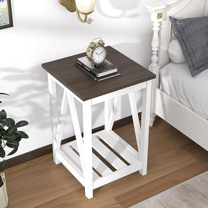 ChooChoo Farmhouse End Table, Rustic Vintage End Side Table with Storage Shelf for Small Spaces, Nightstand Sofa Table for Living Room, Bedroom White 2 Pack