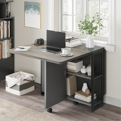 GarveeHome Folding Dining Table, Space Saving Farmhouse Dining Table for 4 Storage Shelf, 6 Wheels Multipose Expandable Kitchen Drop Leaf Table for Small Space (Carlo Grey, 50.1"D x 31.4"W x 29.5"H)