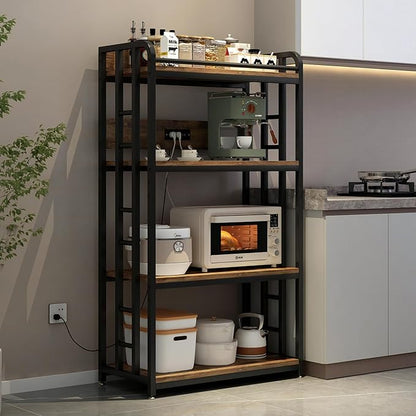 Adjustable 4-Tier Heavy Duty Kitchen Baker's Rack with Power Outlet, with Industrial Wheels, Free Standing Microwave Oven Cart Stand for Storage in Living Room, Garage, Rustic Brown