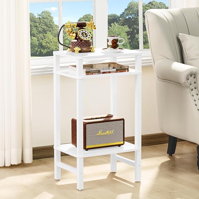 28in Tall Side Table 3-Tier Small Narrow End Table for Couch, Skinny Nightstand for Small Space, Farmhouse Slim Night Stand with Storage, Wooden Frame Thin Bedside Table, for Living Room, White