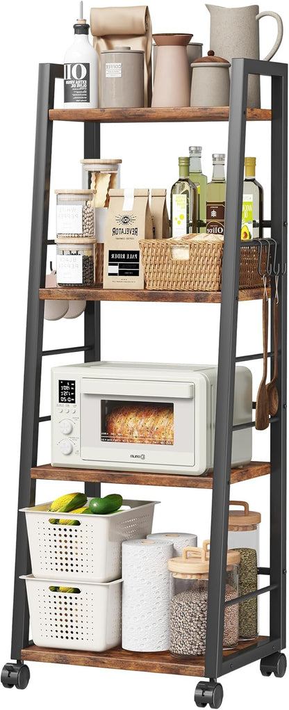 4 Tier Kitchen Storage Cart with Lockable Wheels & 6 Hooks, Mobile Utility Organizer Rolling Cart for Small Spaces, Bar Cart for Kitchen and Living Room, Rustic Brown