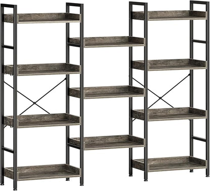 Rolanstar Bookshelf 4 Tiers with 4 Hooks, Triple Bookcase with Open Display Shelves, Industrial Wide Bookshelf with Metal Frame for Living Room, Office, Grey