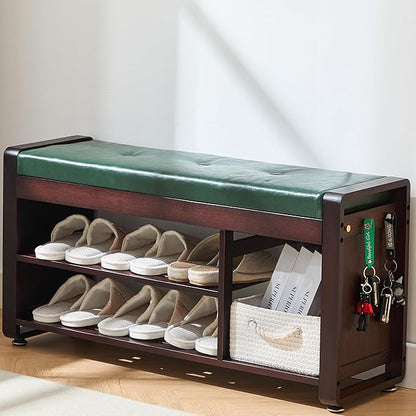 Nnewvante 37.4 inch Shoe Bench with Green Leather Cushion, 3-Tier Large Shoe Rack for Entryway Organizer, 100% Bamboo Ottoman Upholstered Bench for Hallway, Living Room, End of Bed Padded Bench
