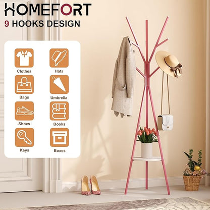 Coat Rack Hat Stand Free Standing Display Hall Tree Metal Hat Hanger Garment Storage Holder with 9 Hooks for Clothes Hats and Scarves (Pink)