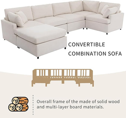100 Inch U-Shaped Modular Convertible Sectional Sofa with Removable Ottoman and Pillows, Oversized 6 Seater Upholstered Corner Couch for Living Room, Office, Spacious Space, Beige