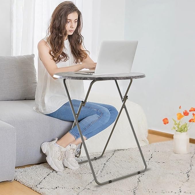 Round Folding TV Tray/TV Trays Dinner Snack Trays Table,Portable Foldable Table Small Sofa Bedside Tables with Light Weight, 17.5 x 17.5 x 26 in(Black Marble)