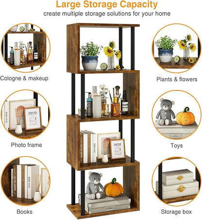 IBUYKE 5-Tier Tall Bookshelf,S-Shaped Geometric Bookcase, Wood Display Shelves with Storage,Industrial Bookshelf for Living Room Bedroom, Home Office, Rustic Brown WBC015H