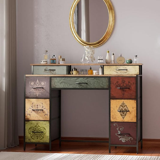 Dresser for Bedroom with 9 Drawers & 2 Open Shelves, Fabric Storage Cabinet, Chest of Drawers, Long Dresser for Closet, Wooden Top & Metal Frame, Pattern