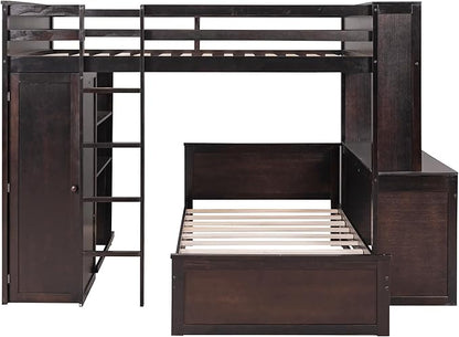 Full Size Loft Bed with Wardrobe Desk and Shelves,Solid Wood Bunk Stand-Alone Platform Bedframe,w/Safety Guardrail,for Kids Teens Adults Bedroom,Espresso