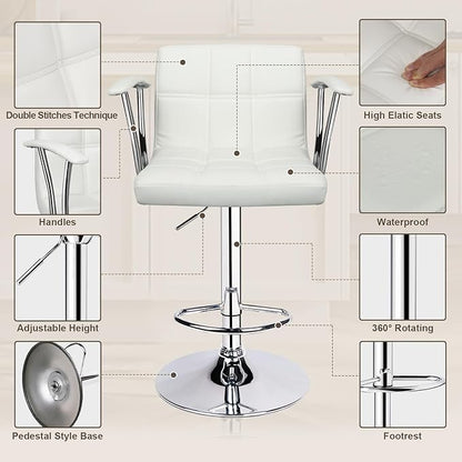 Bar Stools Set of 2,Armrest Adjustable Swivel Barstools with Back,Double Needle PU Leather Counter Height Bar Stools for Kitchen Island, White