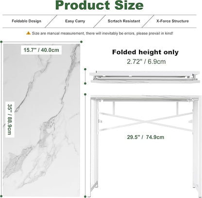 35 inch Folding Small Desk, Writing Gaming Computer Camping Desk for Small Spaces, No Assembly Required Home Office Table, White Marble