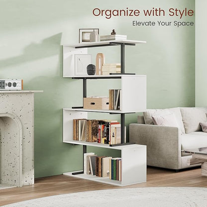 5-Tier Geometric Bookshelf, S Shaped Bookcase, 31.5" W x 58.3" H Wood Decorative Storage Shelving, Modern Freestanding Display Shelves, Tall Book Shelf Unit for Living Room Bedroom
