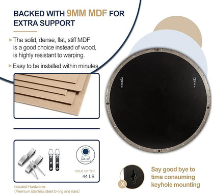 ANDY STAR Round Bathroom Mirror, 24’’ Brushed Silver Round Bathroom Mirrors in Stainless Steel Metal Frame 1" Deep Set Design