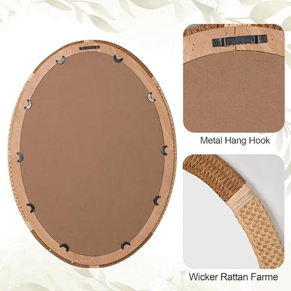 ULIKE Oval Rattan Wall Mirror, 22x30 Inch Rustic Farmhouse Wall Decor with Wicker Frame, Boho Mirror for Nursery Bathroom Bedroom Living Room Entryway