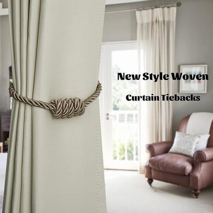 BEL AVENIR Magnetic Curtain Tiebacks, Decorative Drapery Holdbacks Modern Woven Tie-Backs with Exquisite Knot (Flaxen, 6 Pack)