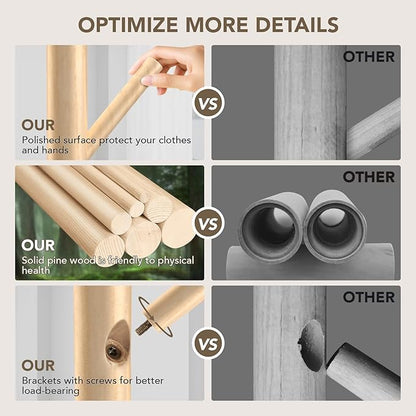 Wooden Tree Coat Rack Stand,Sturdy Freestanding Coat Rack with 8 Hooks,3 Adjustable Height for Child Adult,Wood Coat Stand Tree Fits Entryway Bedroom Office for Bags,Hats