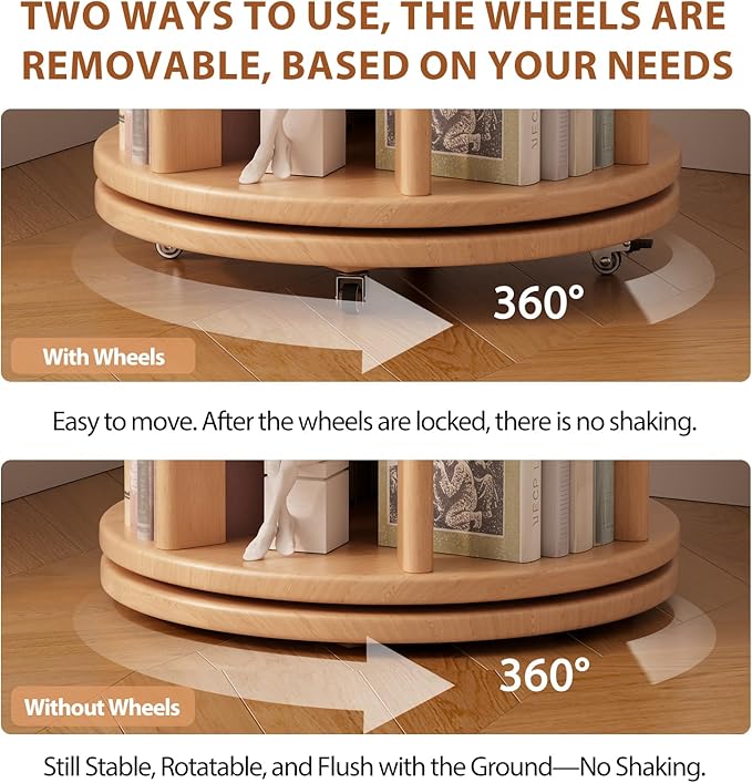 Solid Wood Rotating Bookshelf on Wheels, 4 Tier, Round Revolving Bookcase, 360° Spinning Book Shelf Tower for Kids, Narrow Rolling Bookshelves for Small Space, Corner, Bedroom, Office, Natural