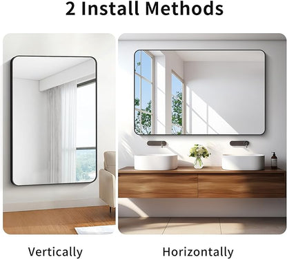 55x36 inch Bathroom Mirror,Black Rectangle Mirror,Wall Mounted Bathroom Frame Vanity Mirror with Round Corner for Bedroom Living Room, Entryway Hangs Horizontal or Vertical