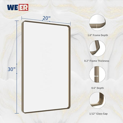 WEER 20x30 Inch Bronze Bathroom Mirror for Vanity, Brushed Bronze Metal Frame Mirror for Wall, Rounded Rectangle Bronze Frame Mirror with Tempered Glass, Anti-Rust (Horizontal/Vertical)