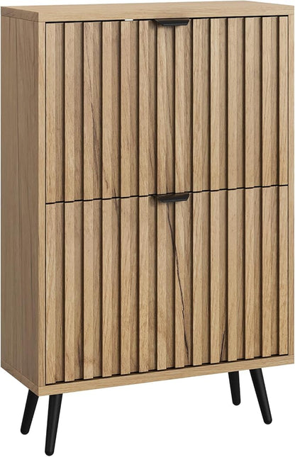 Smuxee Shoe Cabinet with 2 Flip Drawers, 23.6" Natural Hidden Shoe Storage Cabinet with Fluted Design, Freestanding Shoe Organizer Cabinet for Entryway, Hallway, Closet, Living Room